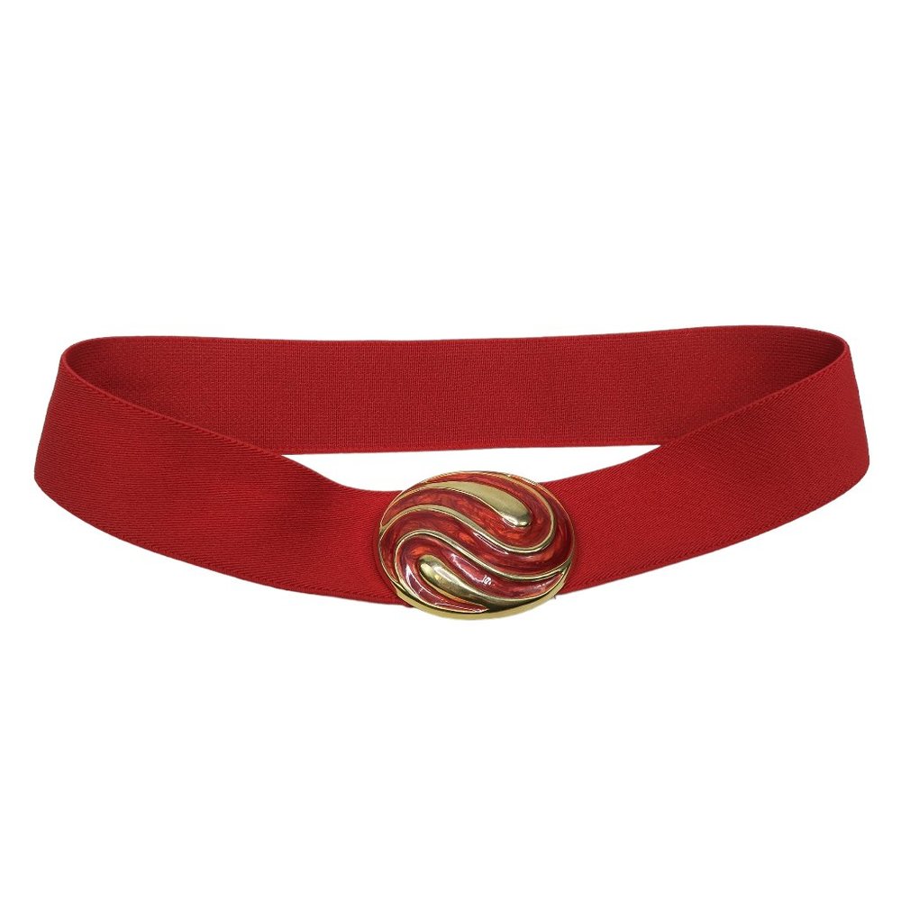 Vintage 80s Day-Lor Red Elastic Belt with Gold Oval Marbled Buckle